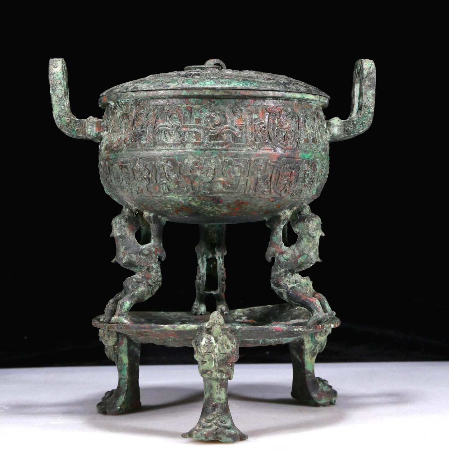 An Excellent Bronze 'Auspicious Beast' Tripod Censer And Cover
