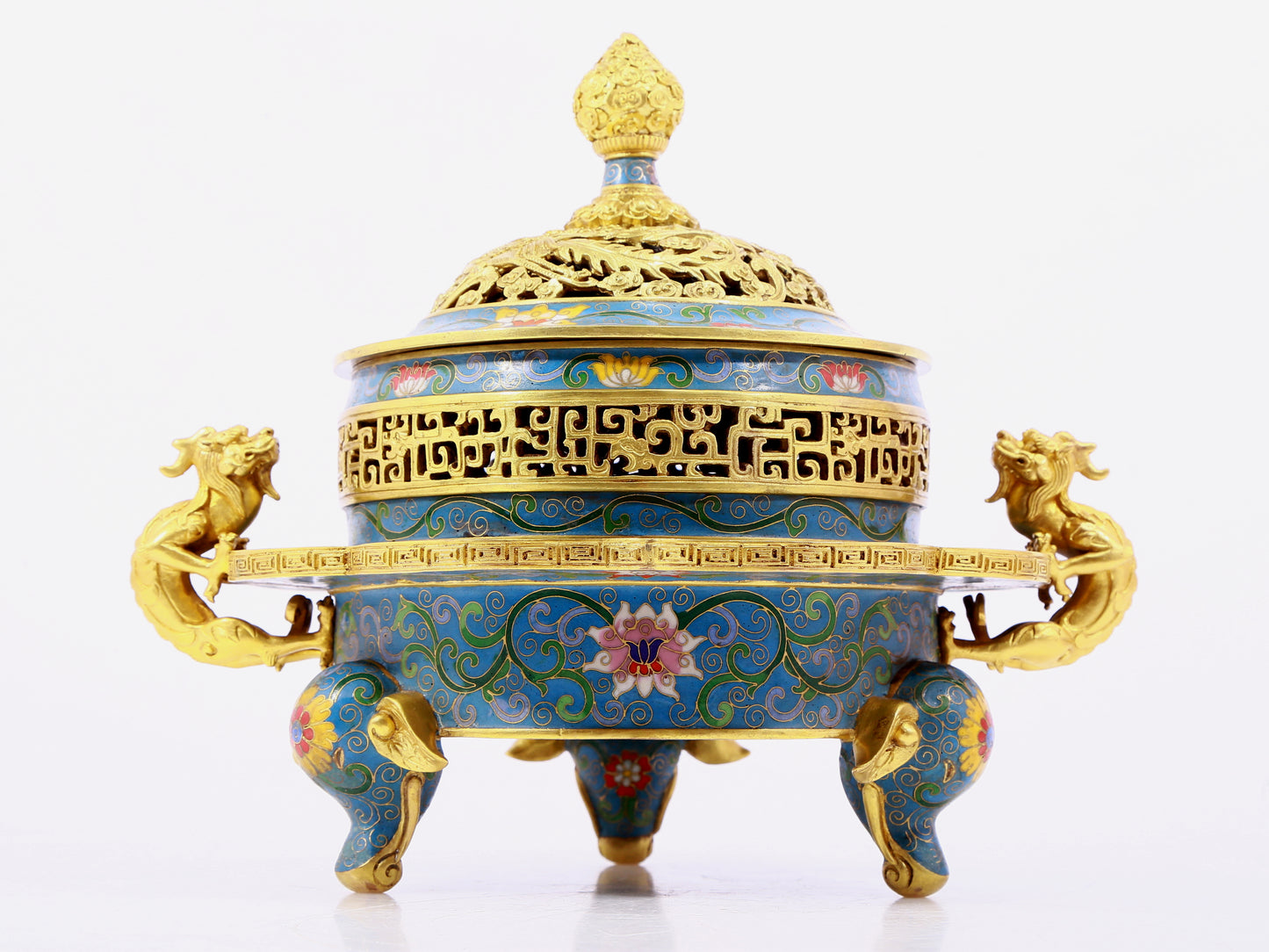 A cloisonné incense burner with two ears and three legs with lotus pattern
