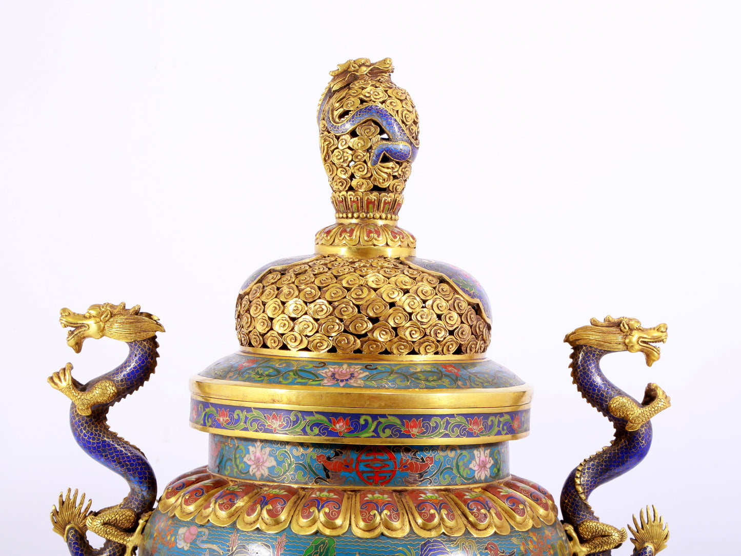 A cloisonné lotus pattern two-eared three-legged incense burner with lid