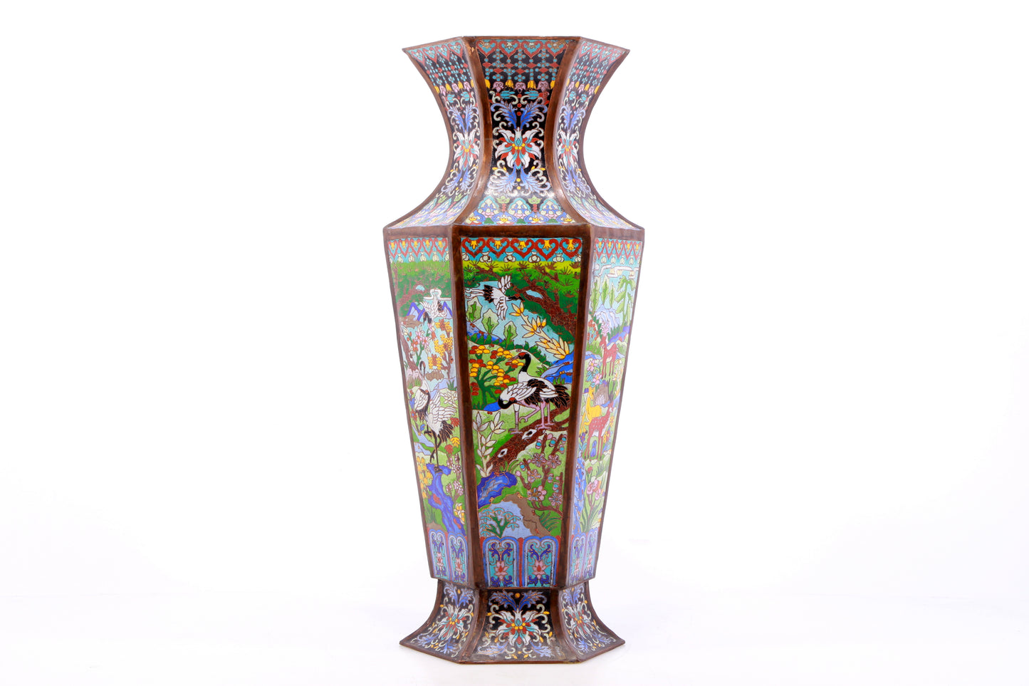 A perfect pair of cloisonné 'crane and deer' vases