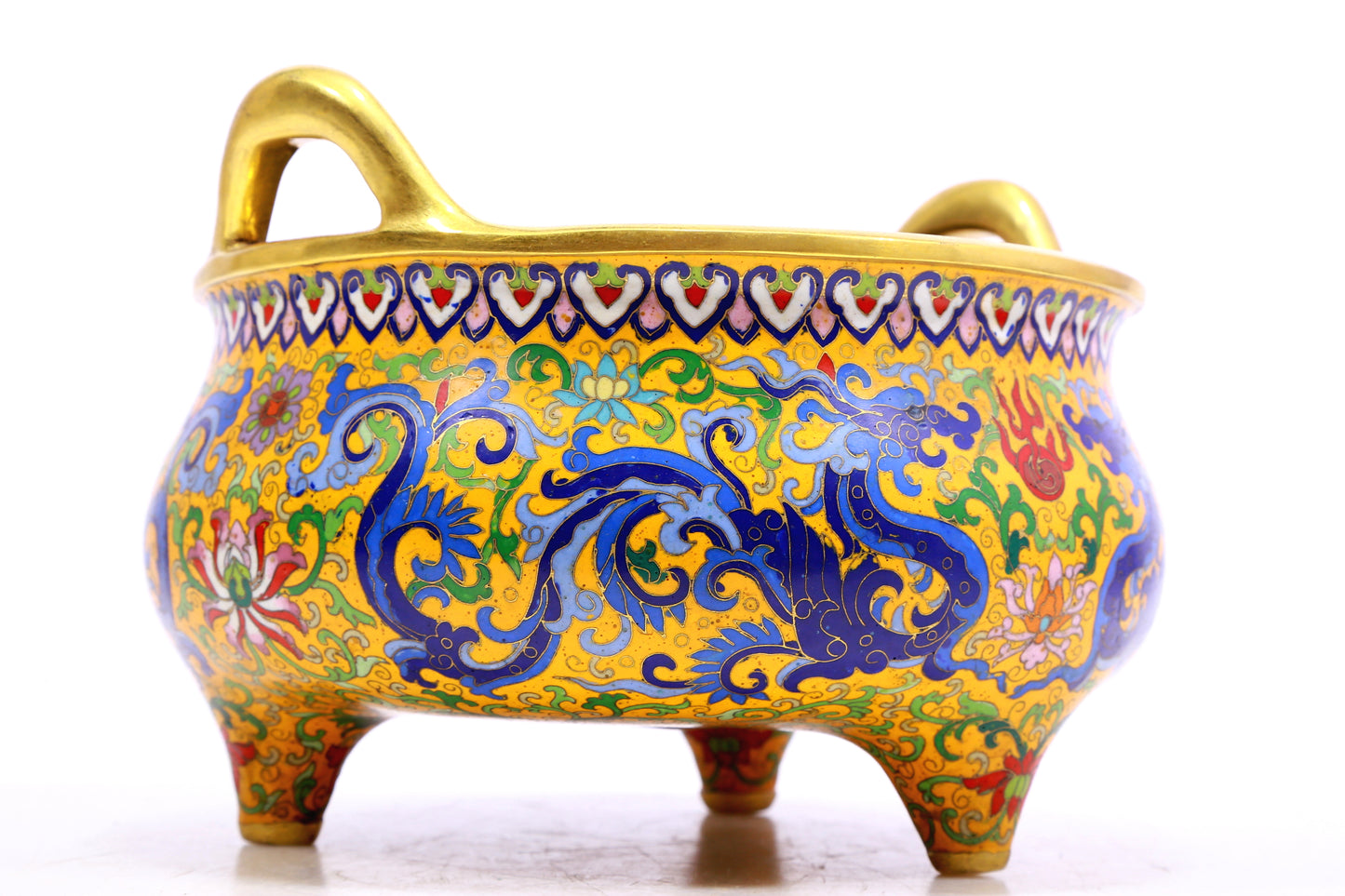A Gorgeous Cloisonne 'Scrolling Lotus& Dragon' Tripod Censer