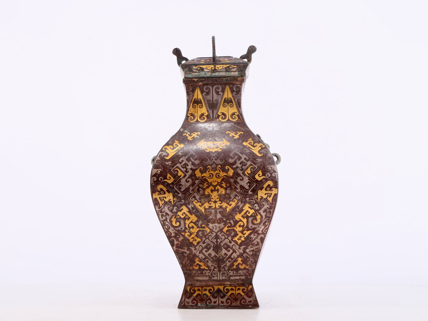 A Wonderful Bronze Gold& Silver-Inlaid 'Dragon' Beast-Handled Vase