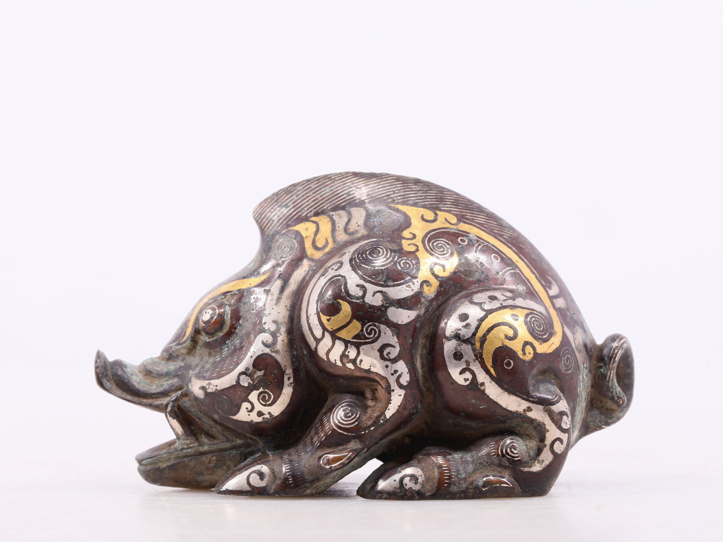 An Archaic Pair Of Bronze Gold& Silver-Inlaid Auspicious Beast