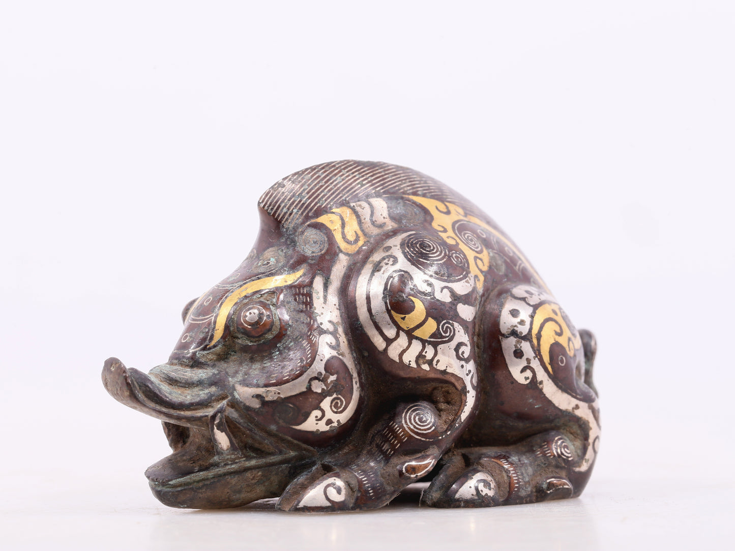 An Archaic Pair Of Bronze Gold& Silver-Inlaid Auspicious Beast