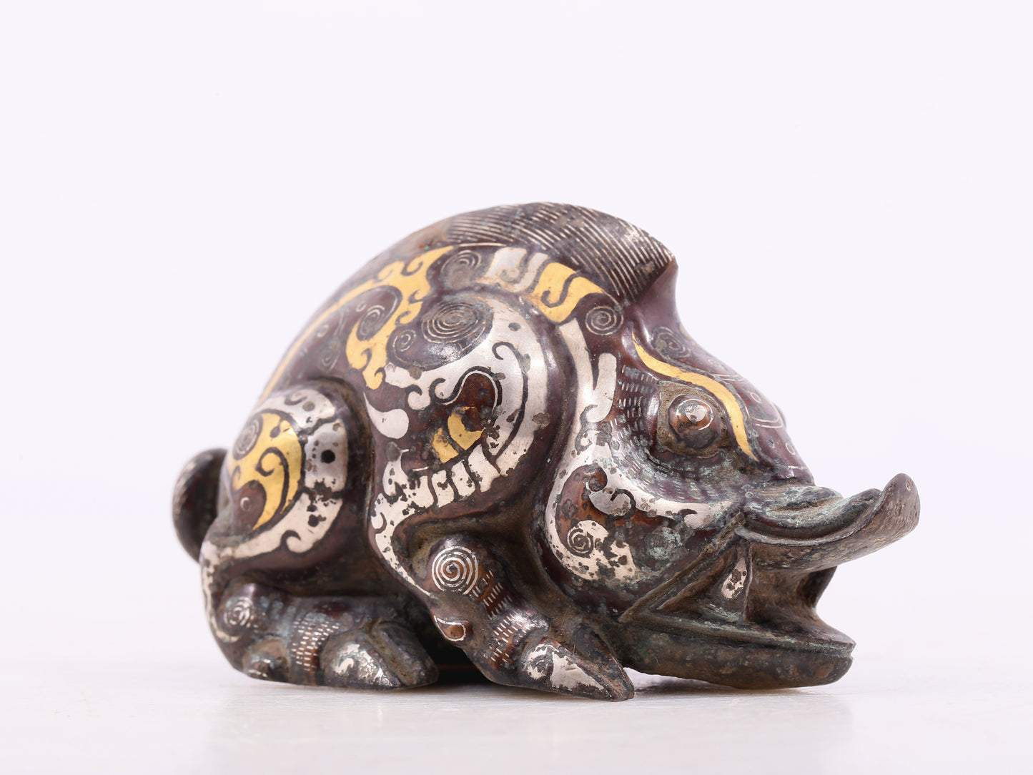 An Archaic Pair Of Bronze Gold& Silver-Inlaid Auspicious Beast