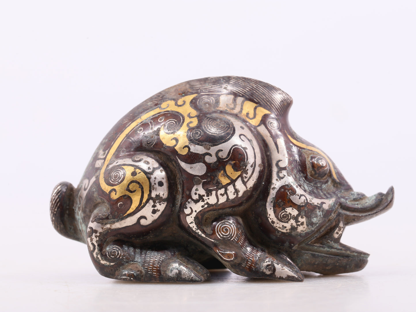 An Archaic Pair Of Bronze Gold& Silver-Inlaid Auspicious Beast