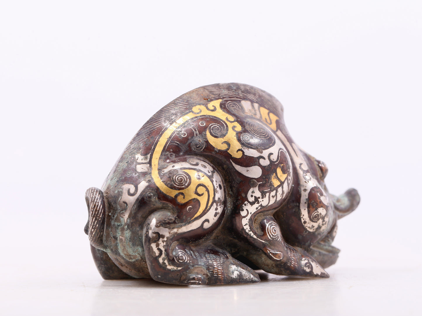 An Archaic Pair Of Bronze Gold& Silver-Inlaid Auspicious Beast