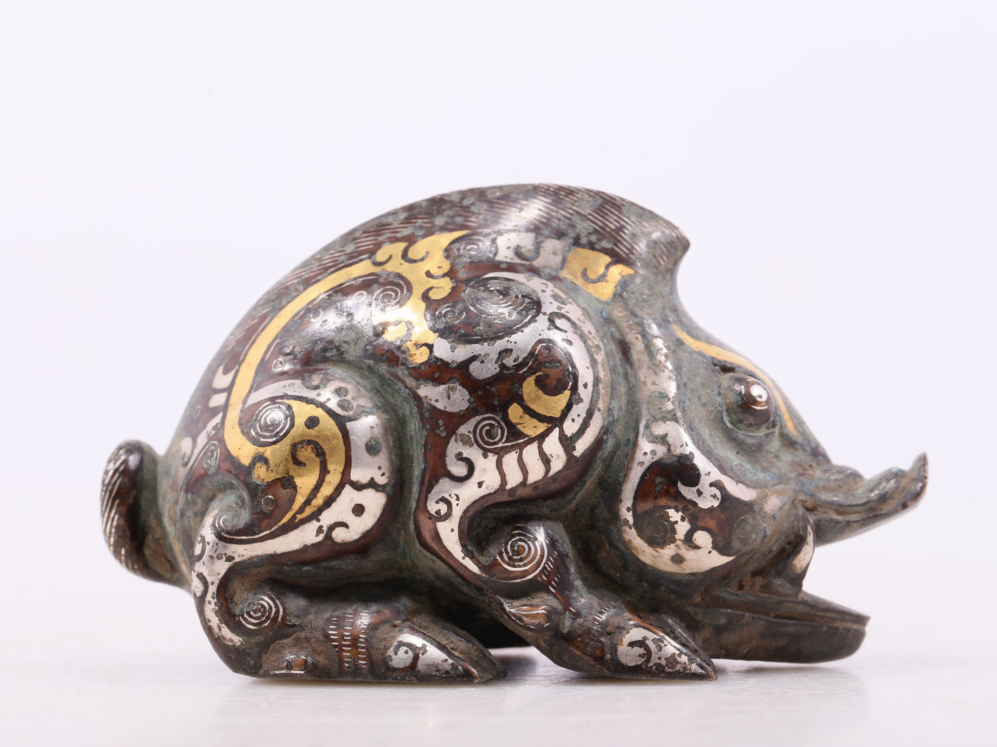 An Archaic Pair Of Bronze Gold& Silver-Inlaid Auspicious Beast
