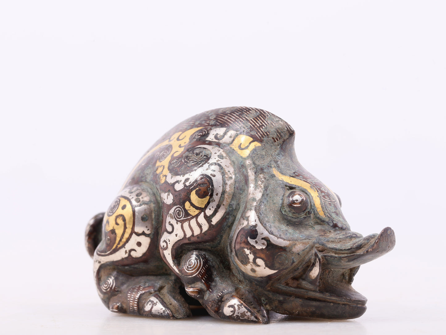 An Archaic Pair Of Bronze Gold& Silver-Inlaid Auspicious Beast
