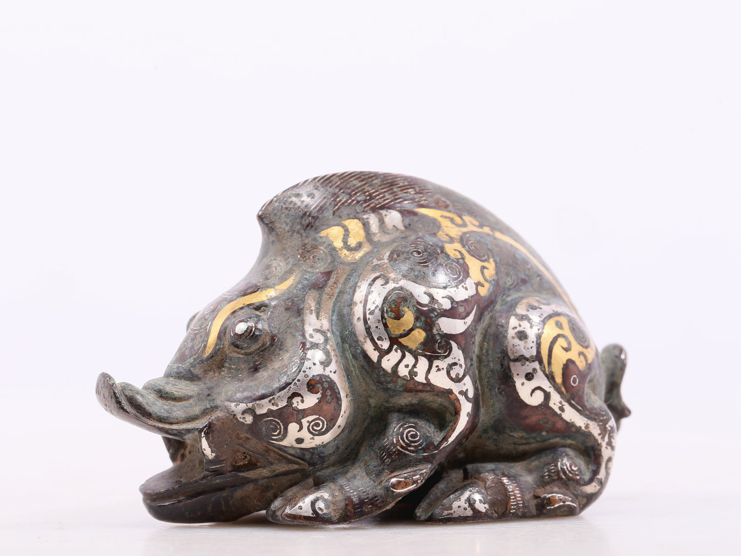 An Archaic Pair Of Bronze Gold& Silver-Inlaid Auspicious Beast