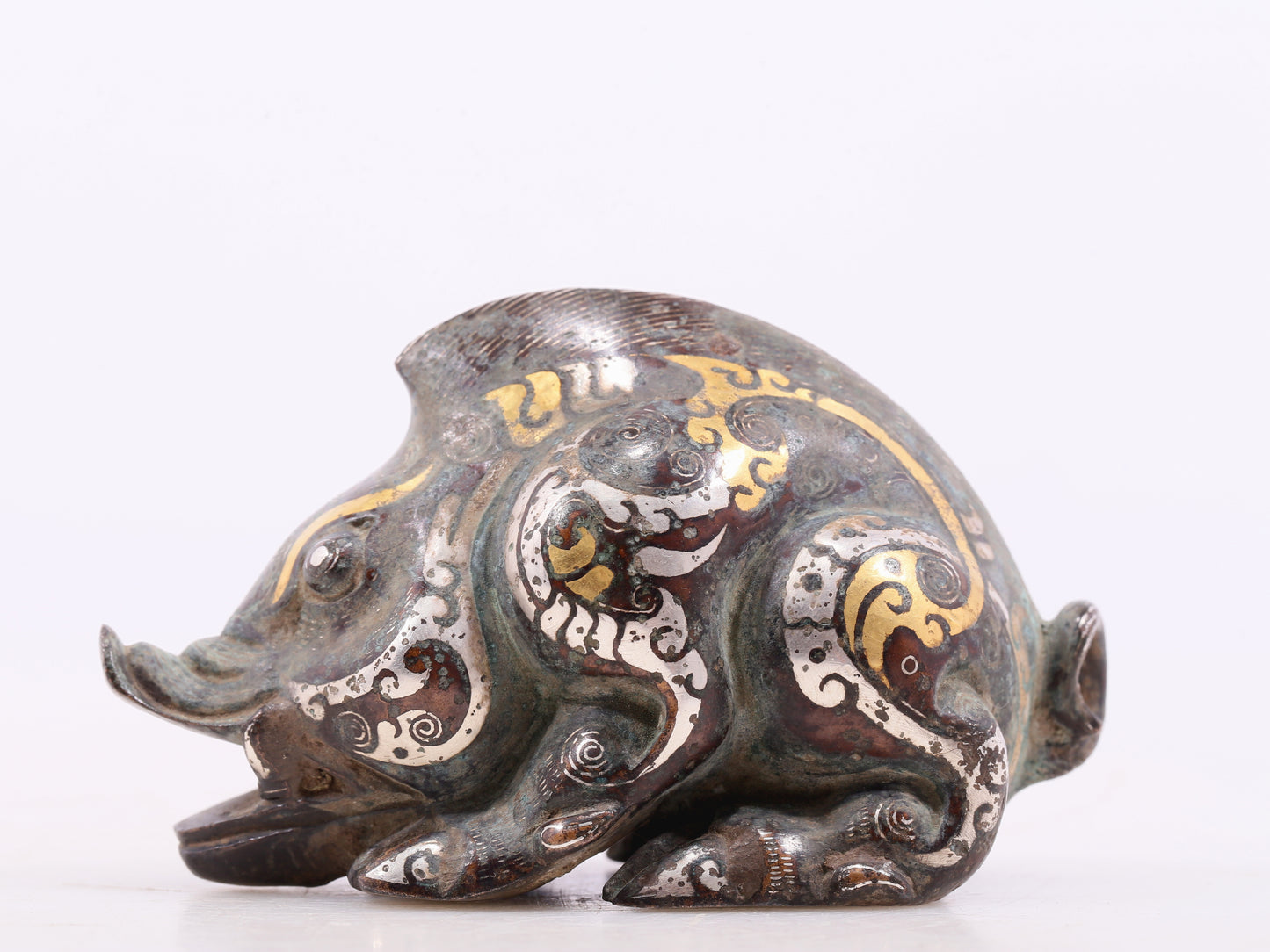 An Archaic Pair Of Bronze Gold& Silver-Inlaid Auspicious Beast