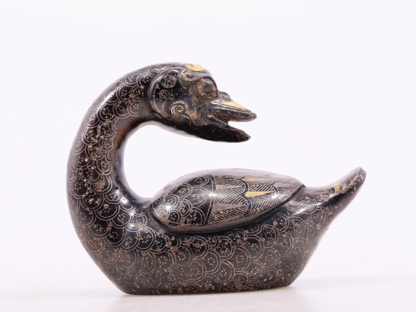 An Archaic Pair Of Bronze Gold& Silver-Mounted Swan