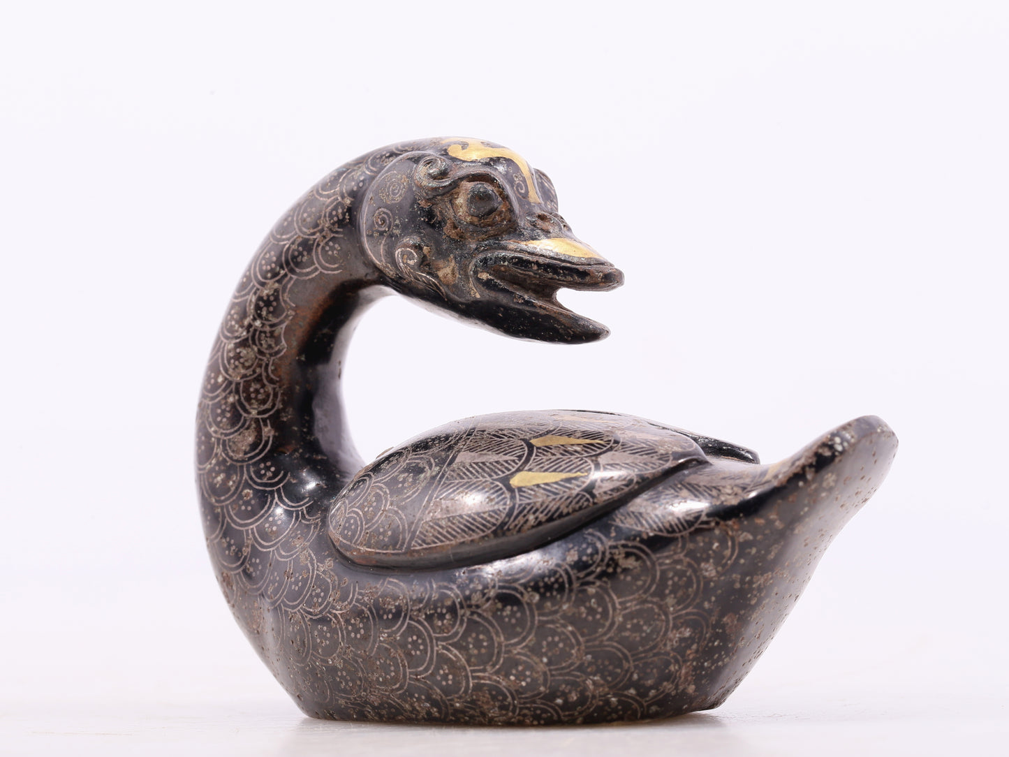 An Archaic Pair Of Bronze Gold& Silver-Mounted Swan