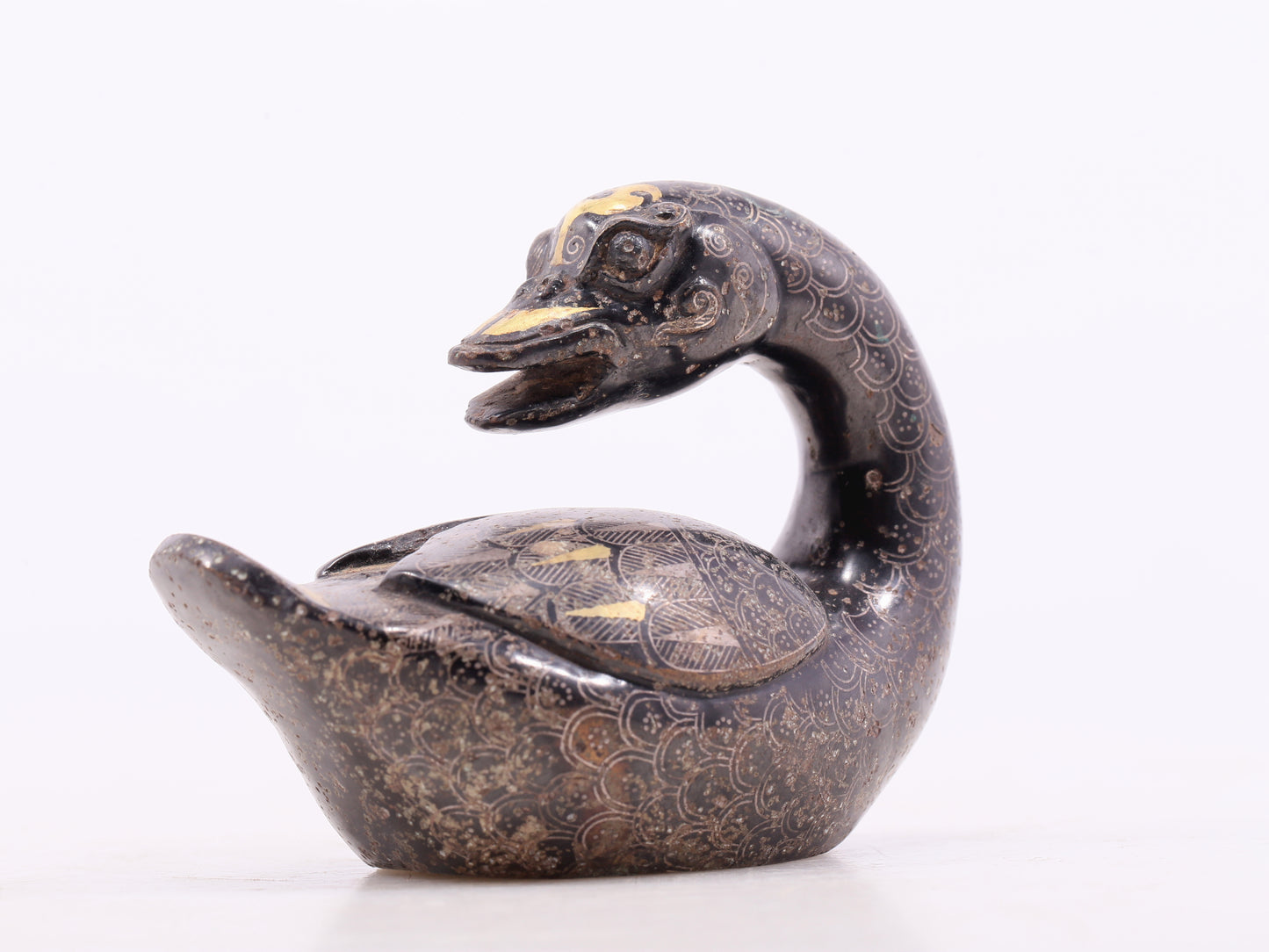 An Archaic Pair Of Bronze Gold& Silver-Mounted Swan