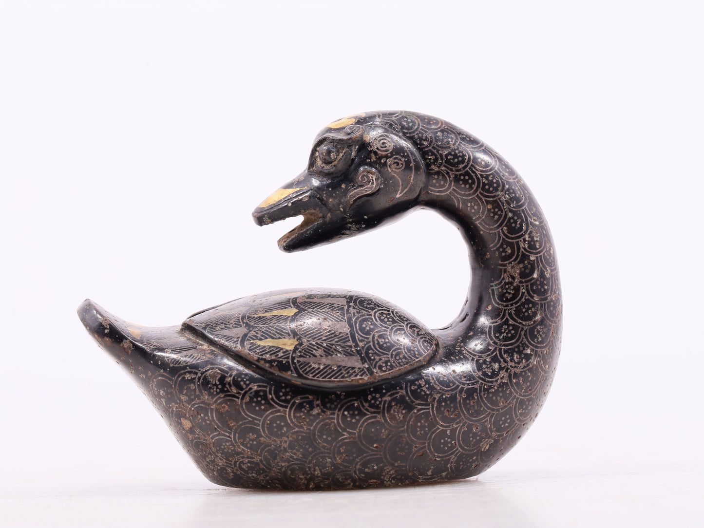 An Archaic Pair Of Bronze Gold& Silver-Mounted Swan