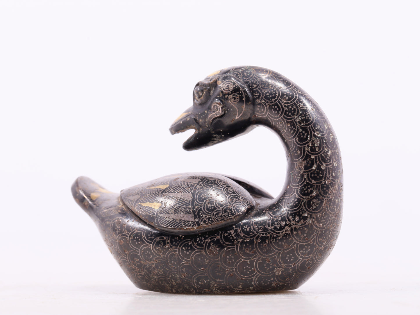 An Archaic Pair Of Bronze Gold& Silver-Mounted Swan