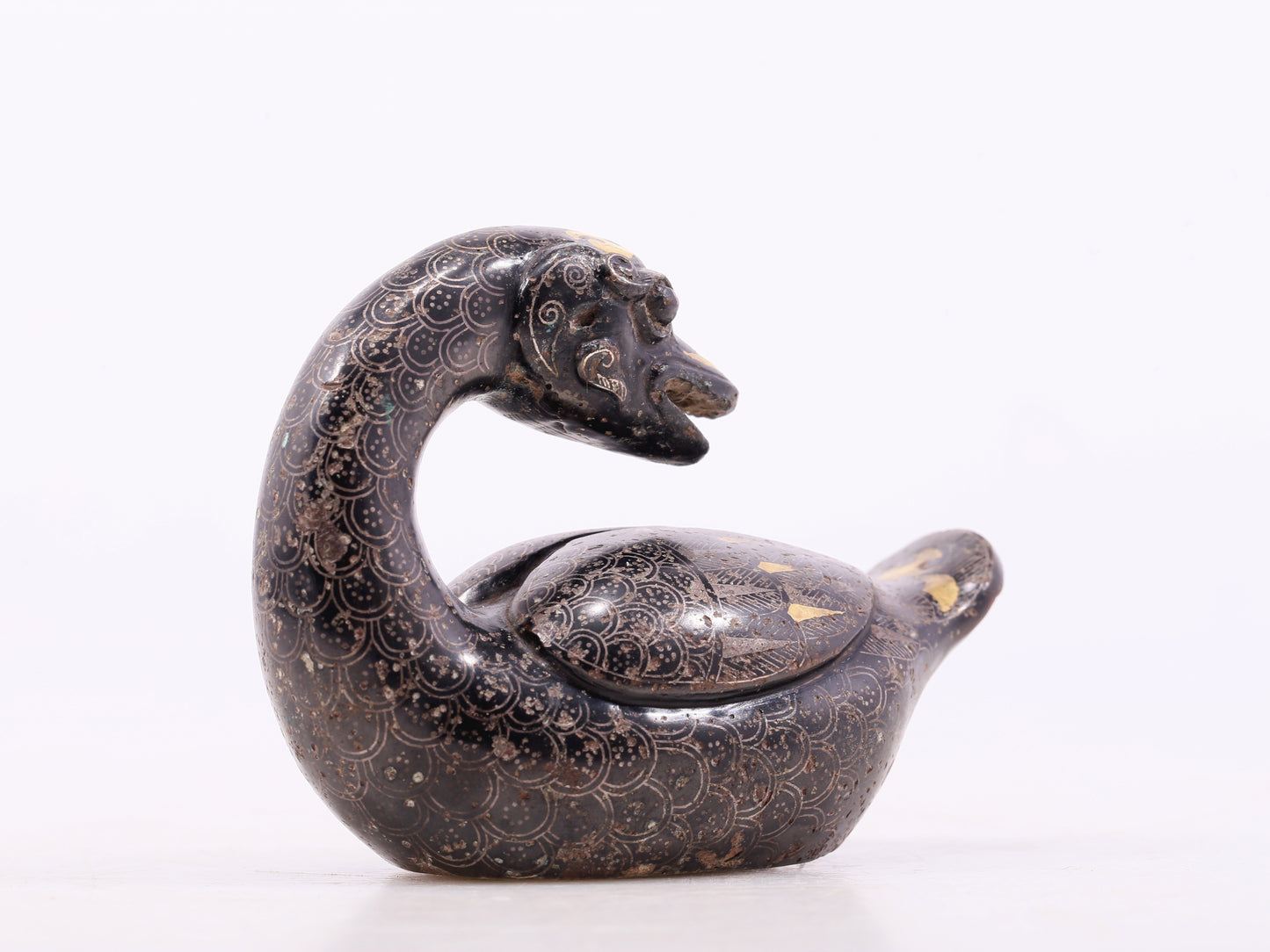 An Archaic Pair Of Bronze Gold& Silver-Mounted Swan