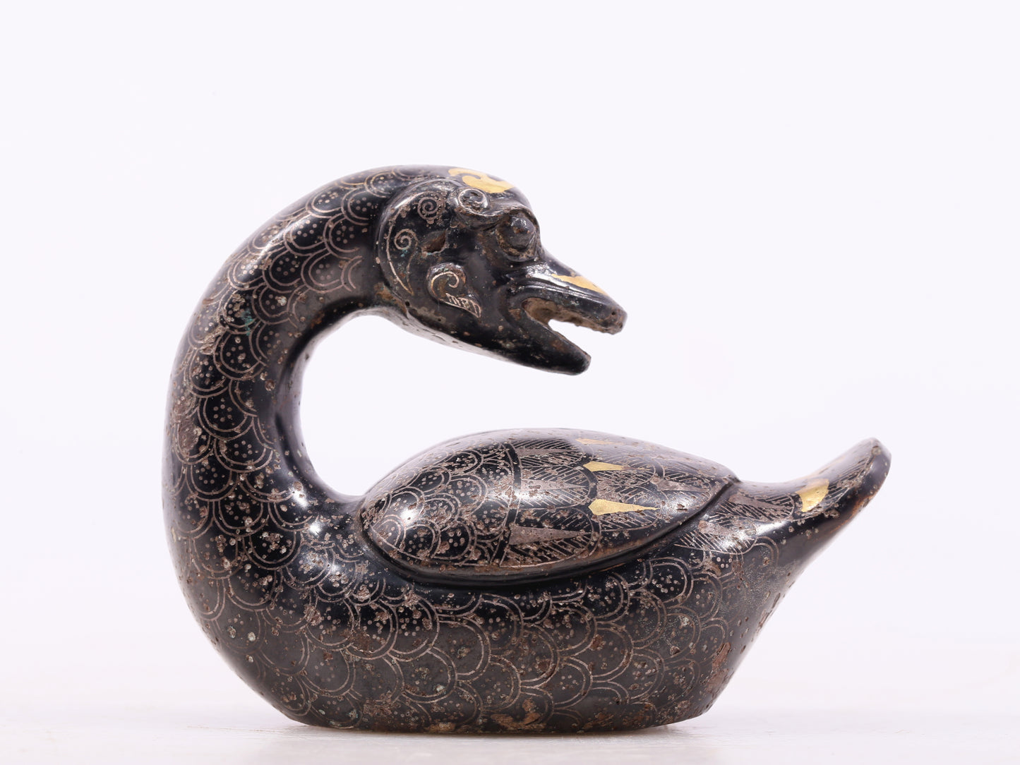 An Archaic Pair Of Bronze Gold& Silver-Mounted Swan