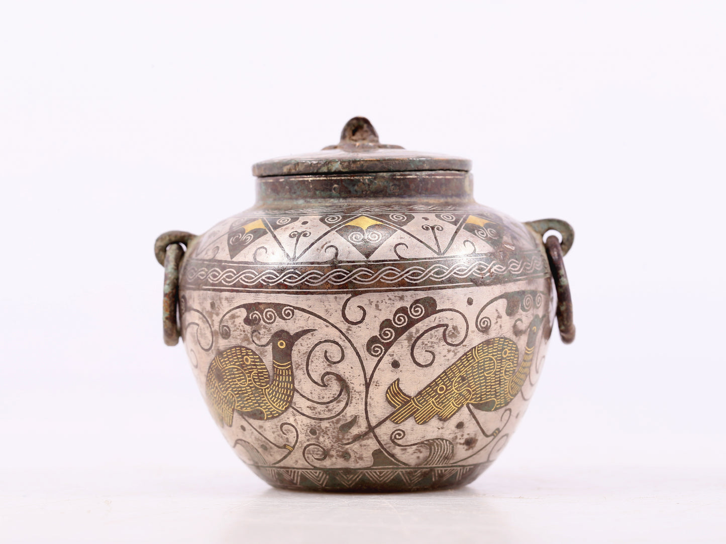 An Archaic Pair Of Bronze Gold& Silver-Inlaid 'Bird& Flower' Jar And Cover