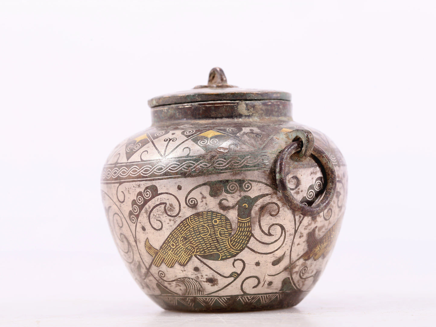 An Archaic Pair Of Bronze Gold& Silver-Inlaid 'Bird& Flower' Jar And Cover