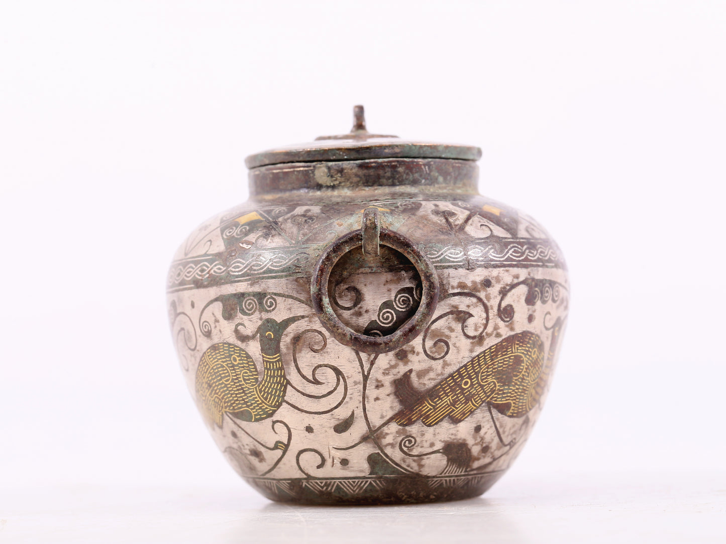 An Archaic Pair Of Bronze Gold& Silver-Inlaid 'Bird& Flower' Jar And Cover