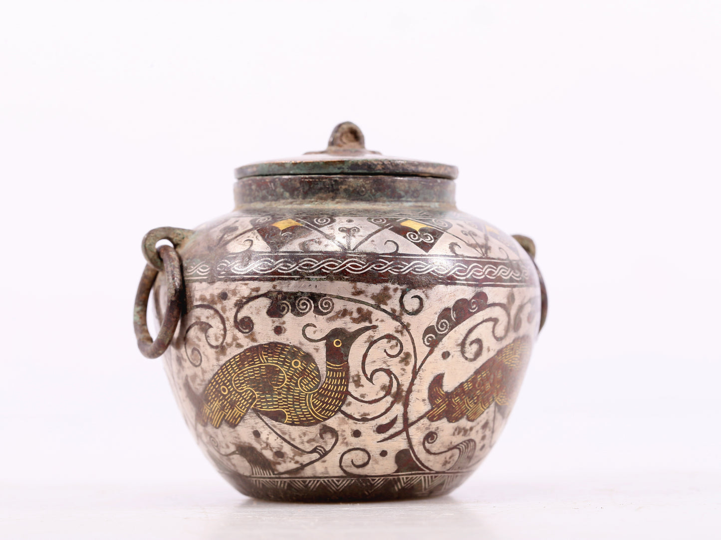 An Archaic Pair Of Bronze Gold& Silver-Inlaid 'Bird& Flower' Jar And Cover
