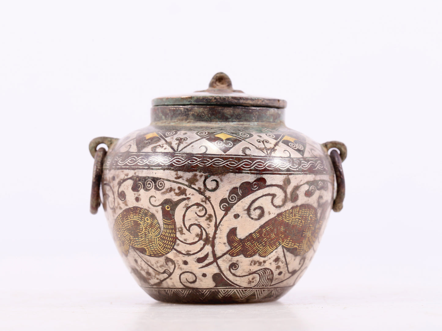 An Archaic Pair Of Bronze Gold& Silver-Inlaid 'Bird& Flower' Jar And Cover