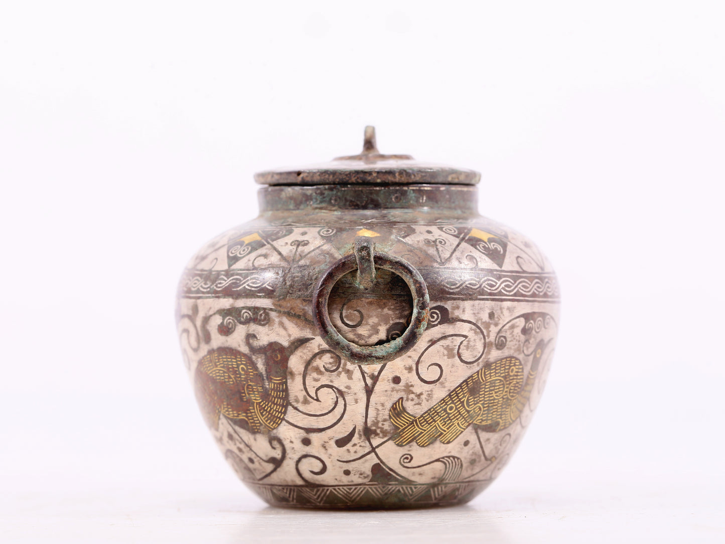 An Archaic Pair Of Bronze Gold& Silver-Inlaid 'Bird& Flower' Jar And Cover