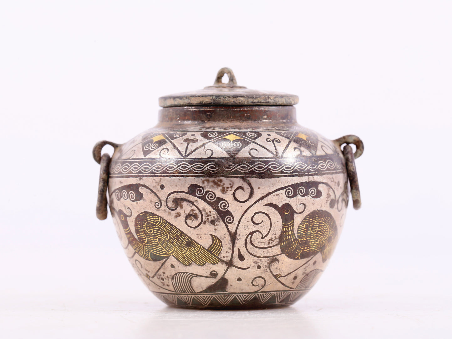 An Archaic Pair Of Bronze Gold& Silver-Inlaid 'Bird& Flower' Jar And Cover