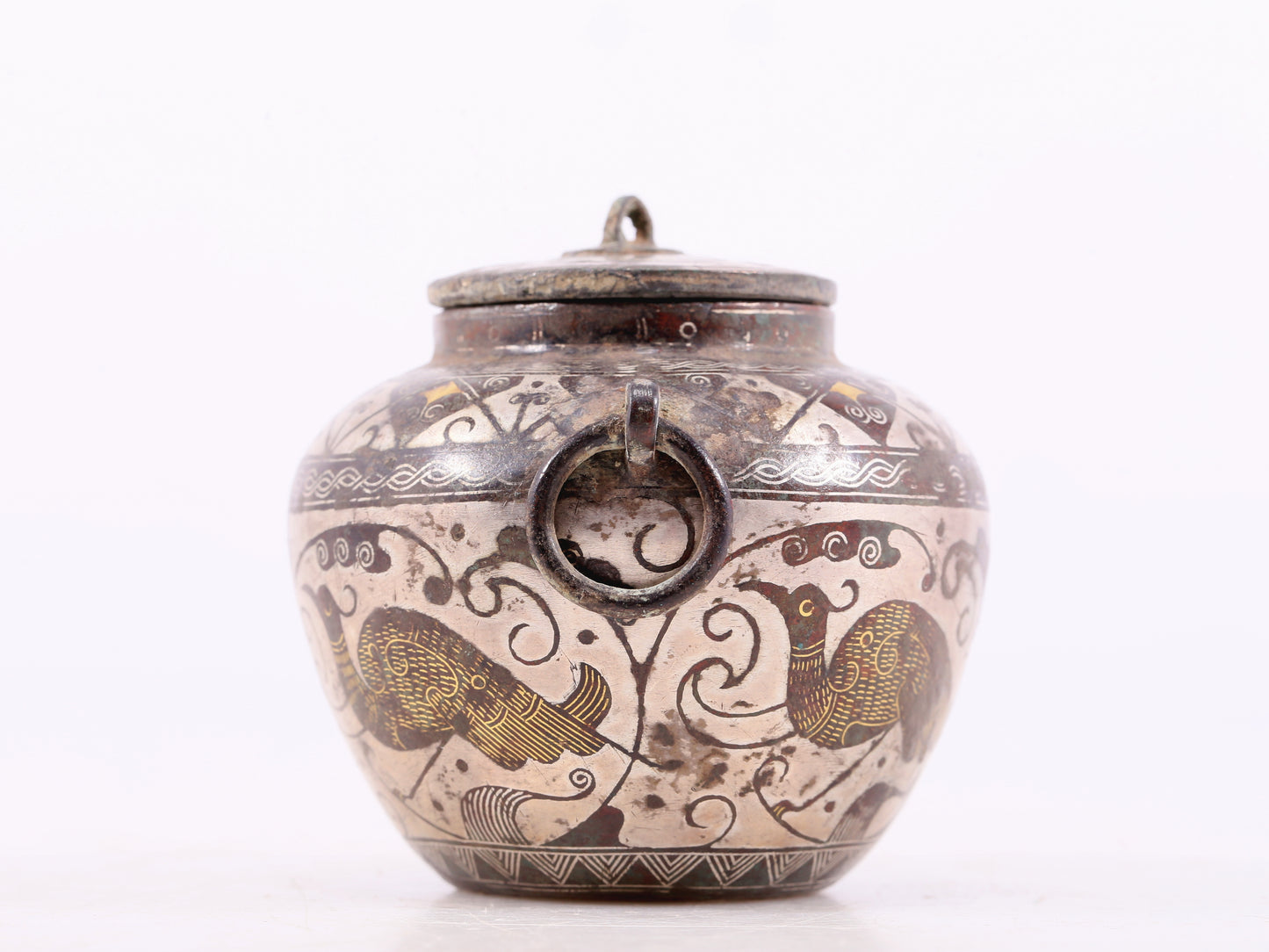 An Archaic Pair Of Bronze Gold& Silver-Inlaid 'Bird& Flower' Jar And Cover