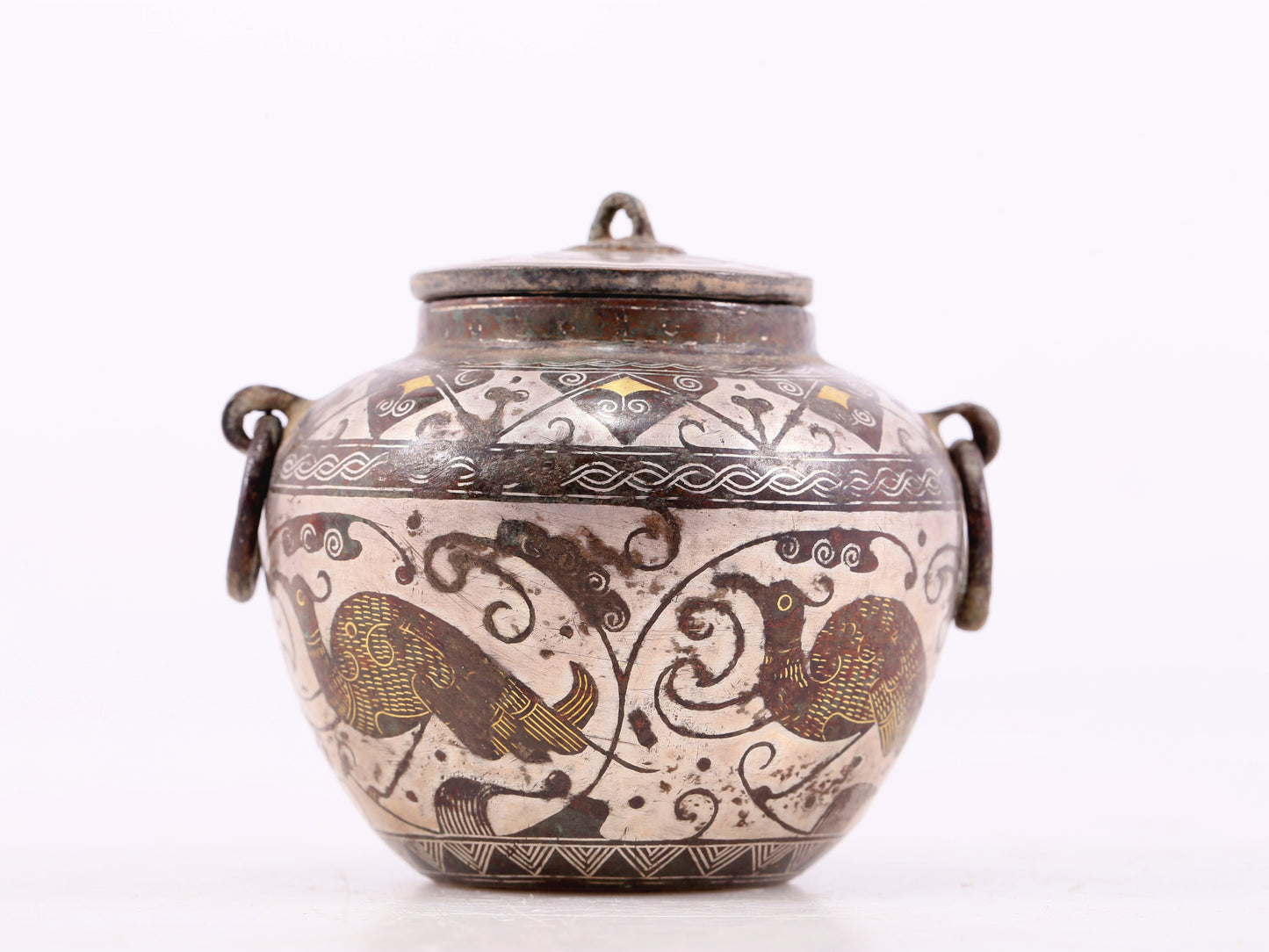 An Archaic Pair Of Bronze Gold& Silver-Inlaid 'Bird& Flower' Jar And Cover
