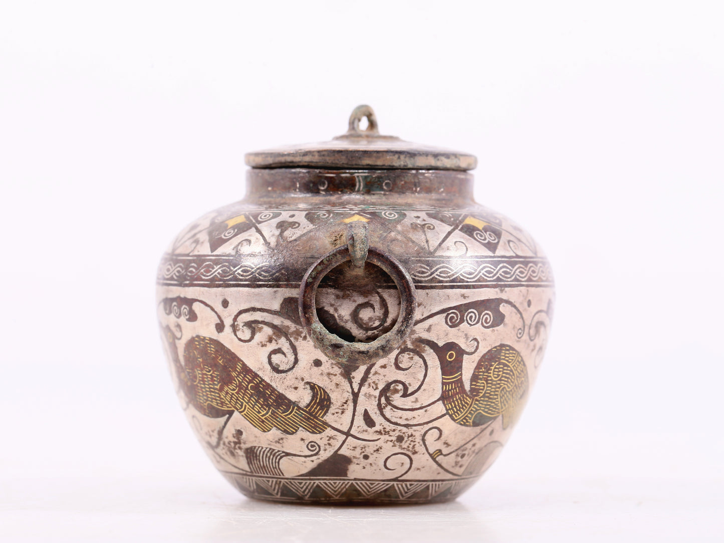 An Archaic Pair Of Bronze Gold& Silver-Inlaid 'Bird& Flower' Jar And Cover