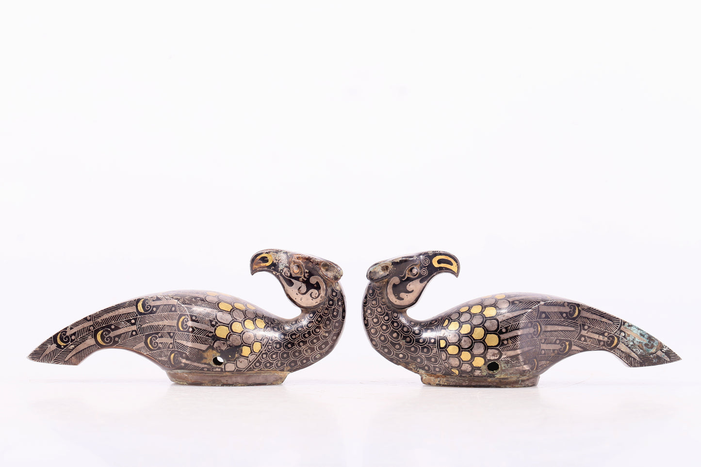 An Archaic Pair Of Bronze Gold& Silver-Mounted Bird