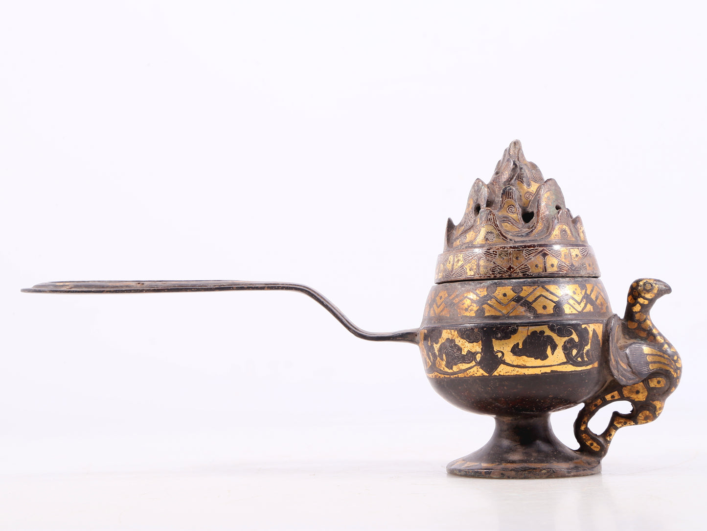 An exquisite bronze censer with gold and silver phoenix and floral patterns