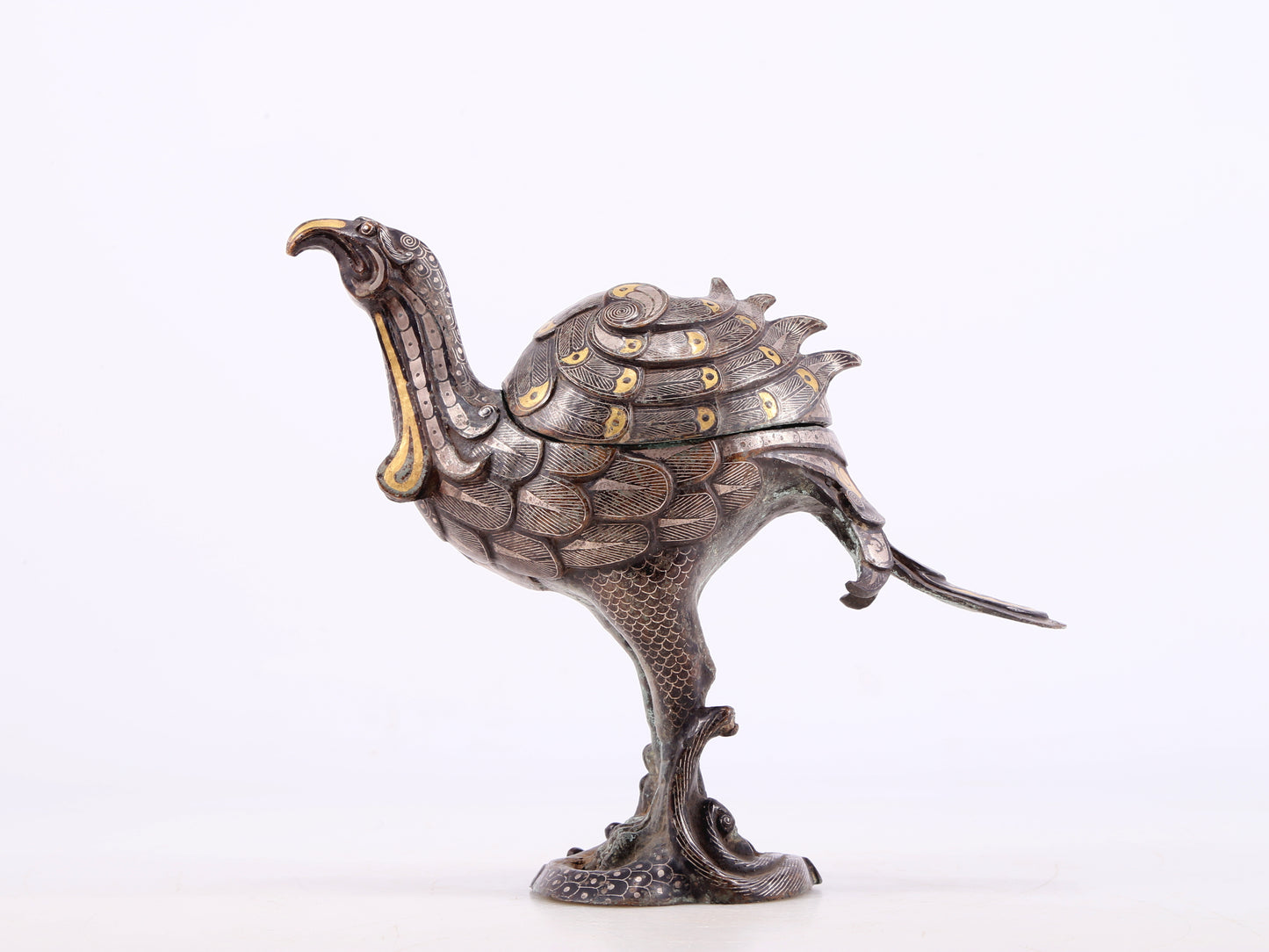 An Archaic Pair Of Bronze Gold& Silver-Inlaid Phoenix-Form Censer