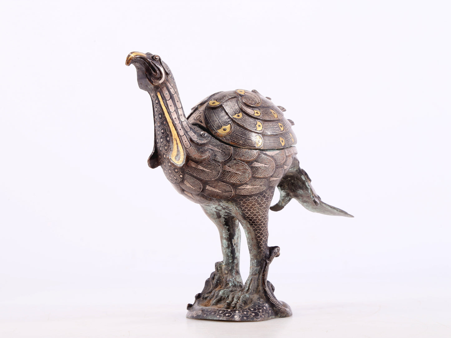 An Archaic Pair Of Bronze Gold& Silver-Inlaid Phoenix-Form Censer