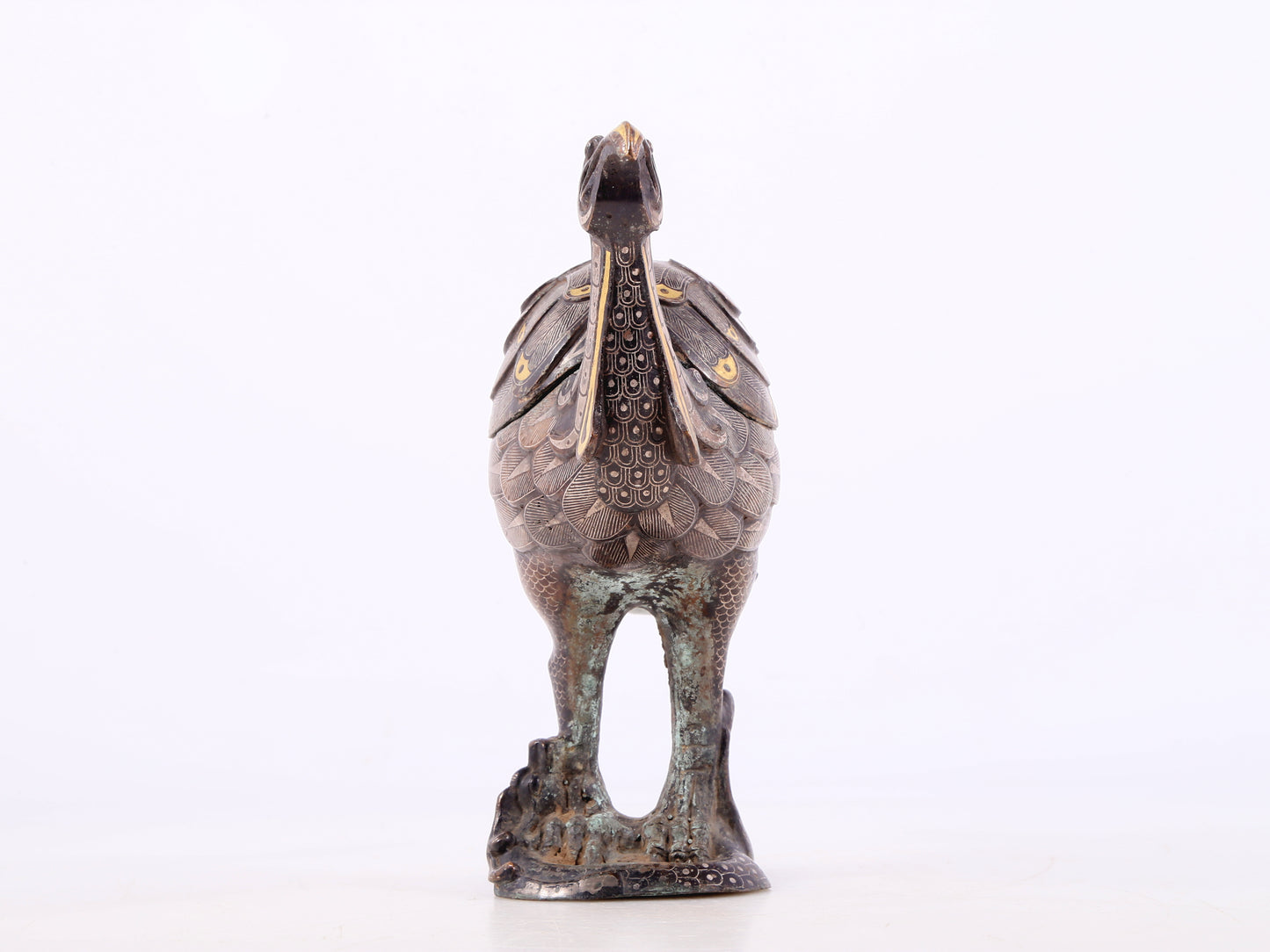 An Archaic Pair Of Bronze Gold& Silver-Inlaid Phoenix-Form Censer