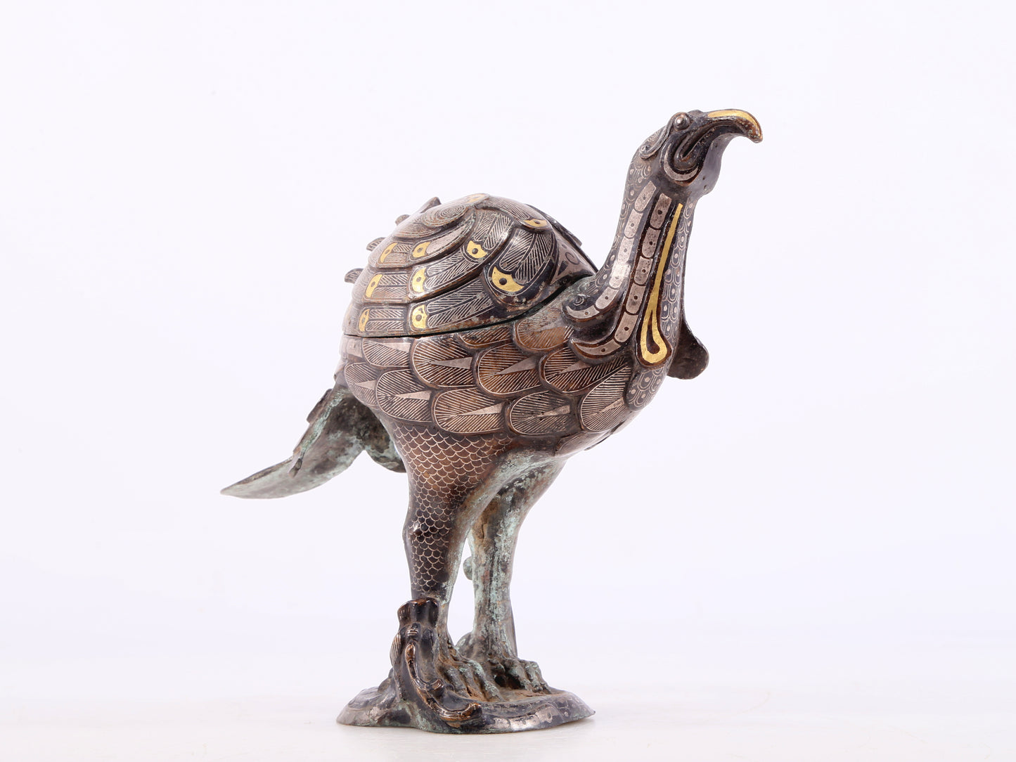 An Archaic Pair Of Bronze Gold& Silver-Inlaid Phoenix-Form Censer