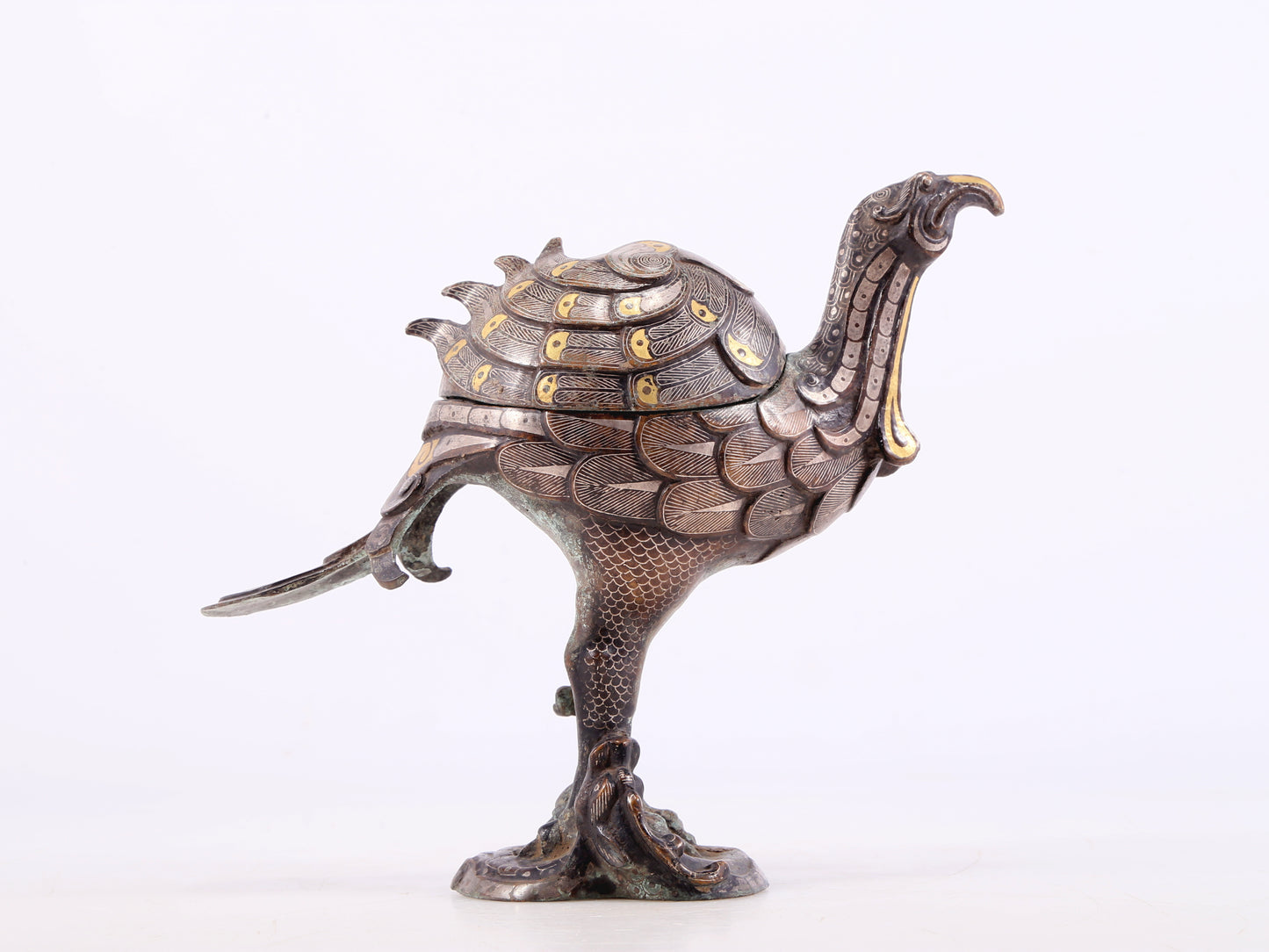 An Archaic Pair Of Bronze Gold& Silver-Inlaid Phoenix-Form Censer