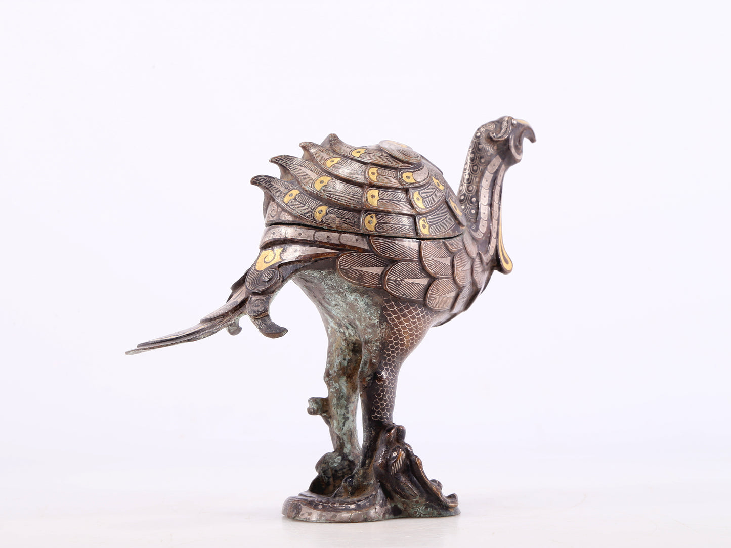 An Archaic Pair Of Bronze Gold& Silver-Inlaid Phoenix-Form Censer