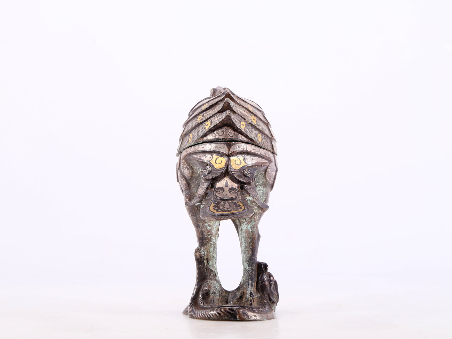 An Archaic Pair Of Bronze Gold& Silver-Inlaid Phoenix-Form Censer