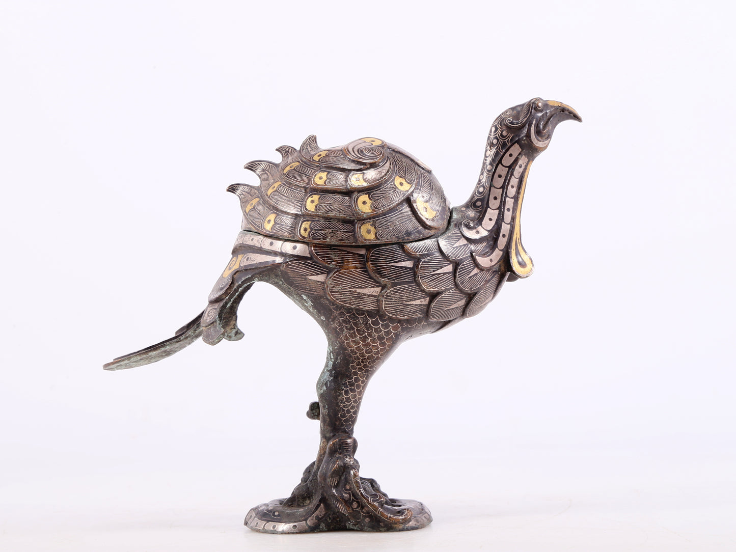 An Archaic Pair Of Bronze Gold& Silver-Inlaid Phoenix-Form Censer
