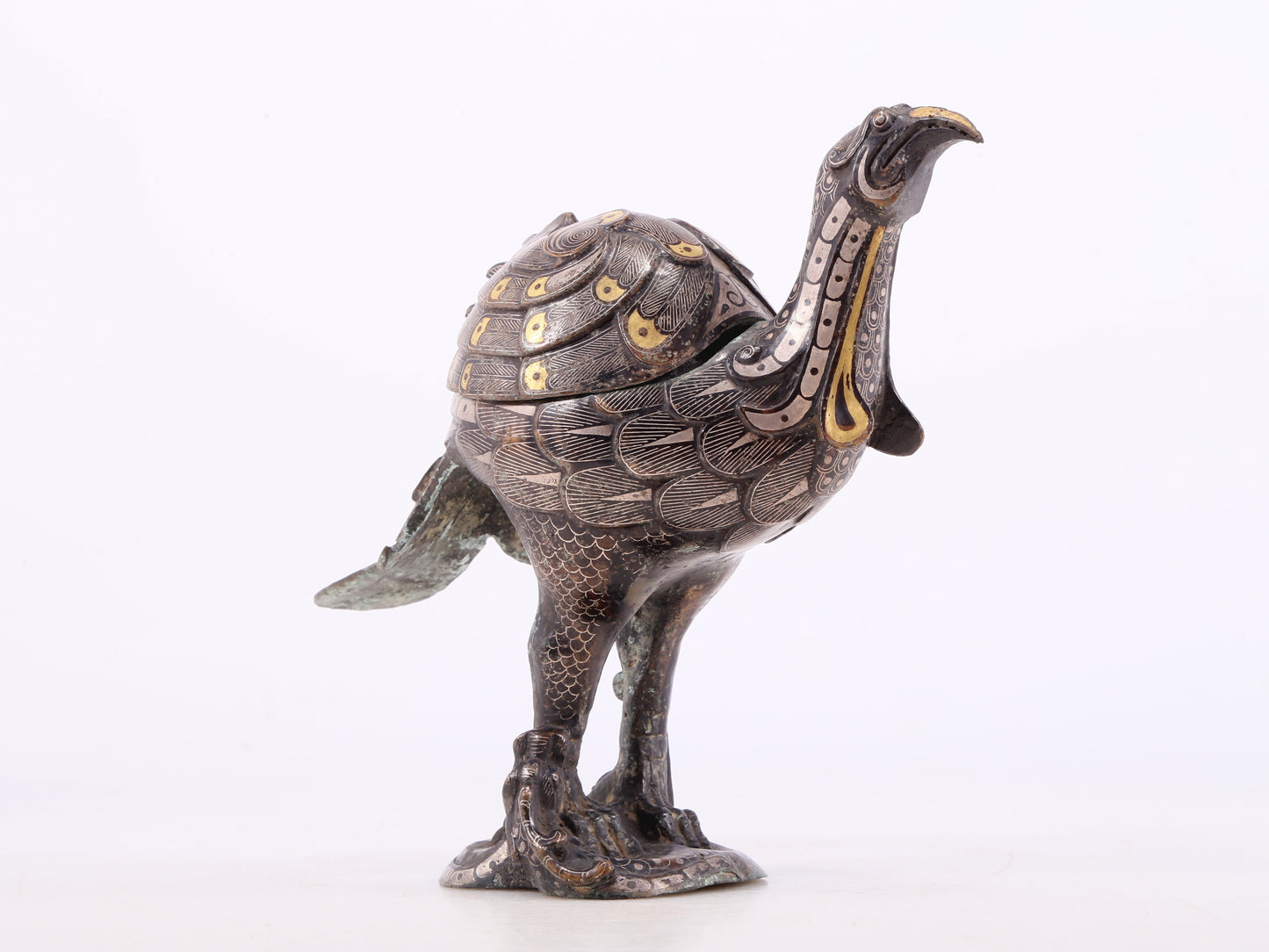 An Archaic Pair Of Bronze Gold& Silver-Inlaid Phoenix-Form Censer
