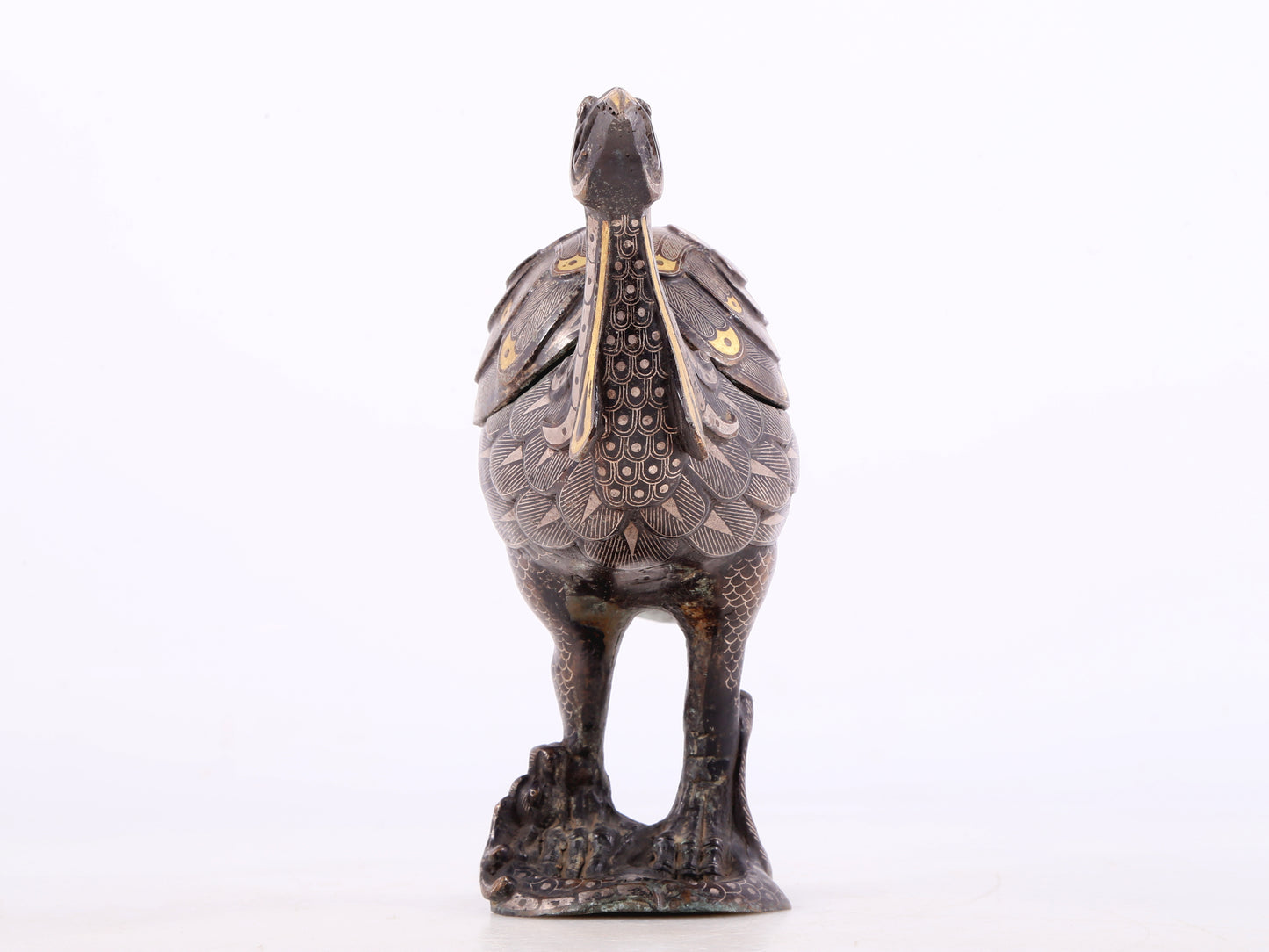 An Archaic Pair Of Bronze Gold& Silver-Inlaid Phoenix-Form Censer