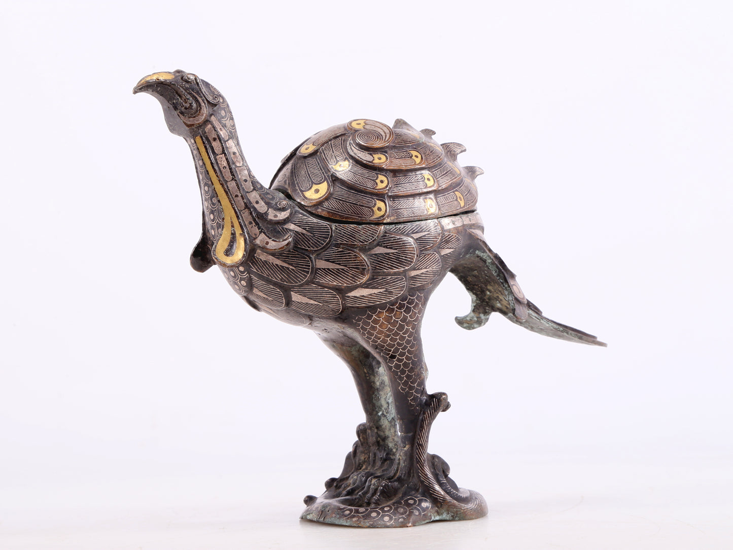 An Archaic Pair Of Bronze Gold& Silver-Inlaid Phoenix-Form Censer