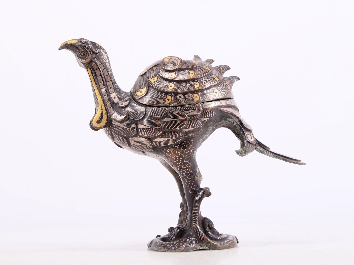 An Archaic Pair Of Bronze Gold& Silver-Inlaid Phoenix-Form Censer