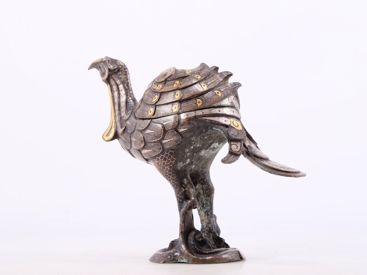 An Archaic Pair Of Bronze Gold& Silver-Inlaid Phoenix-Form Censer