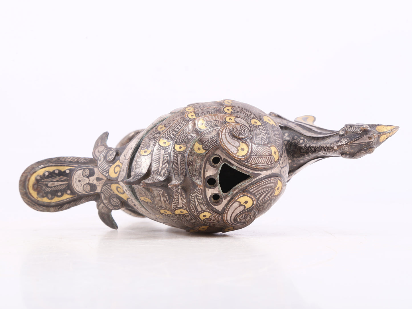 An Archaic Pair Of Bronze Gold& Silver-Inlaid Phoenix-Form Censer