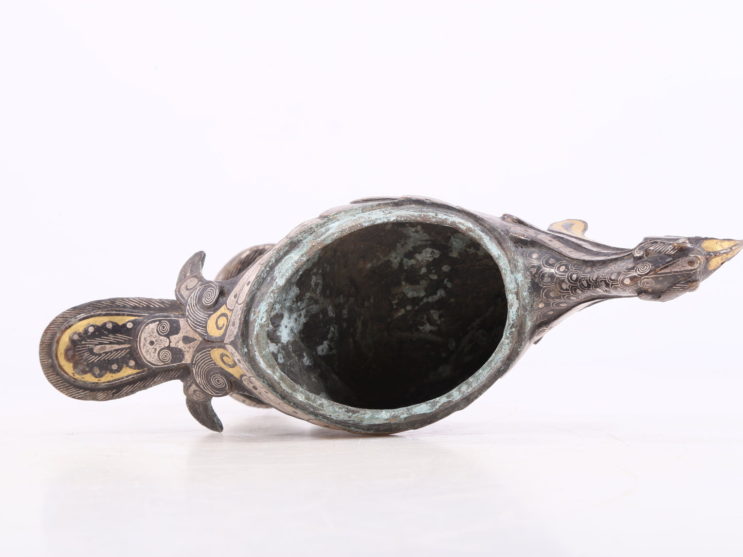 An Archaic Pair Of Bronze Gold& Silver-Inlaid Phoenix-Form Censer