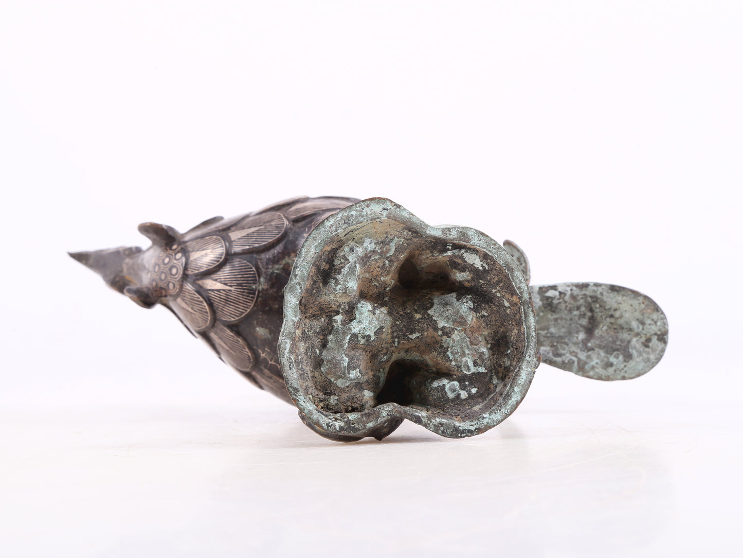 An Archaic Pair Of Bronze Gold& Silver-Inlaid Phoenix-Form Censer
